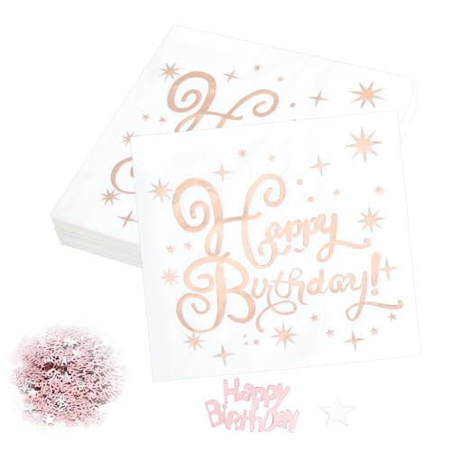 40 Stück Roségold Geburtstag Servietten mit Happy Birthday Konfetti, Servietten Happy Birthday, Papierservietten Paper Napkins - Dekorative Papierservietten für Mädchen und Jungen Party Deko von Ownkim