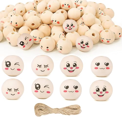 Owyee 100 Stück Holzperlen mit Gesicht, Holzperlen Rund 20mm, Natural PapayaWhip Farbe Lächelndes Gesicht Ball, Smile Face Holzperlen für DIY Handgefertigte Handwerk Und Schmuckherstellung von Owyee