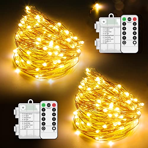 [2 Stücke] 2 * 100 LED Lichterkette Weihnachten außen 10M Wasserdichte Warmweiße Lichterkette innen mit Batterie Fernbedienung mit 8 Modi & Timer Beleuchtung Dekoration für Party Garten Balkon usw. von OxaOxe