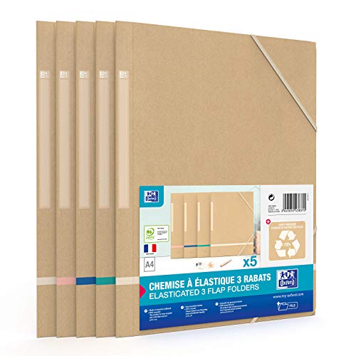 OXFORD Touareg 5 Hüllen aus Karton, 3 elastische Klappen, A4, Umschlag aus recyceltem Papier, Beige & farblich sortierte Bänder von Oxford