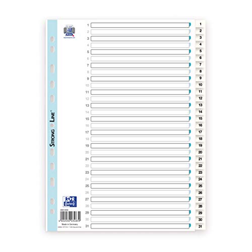 Oxford 400013948 Kunststoff-Register Strong-Line 10er Pack 1-31 31-teilig für DIN A4 Plastikregister mit beschriftbarem Deckblatt blau rot grün gelb Ringbuch Ordner Ring-Mappe von Oxford