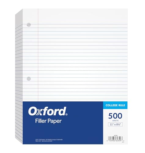 Oxford Füllpapier, 21,4 x 27,9 cm, College-Lineal, 3-fach gelocht, lose Blätter für 3-Ringbücher, 500 Blatt pro Packung (62349), weiß von Oxford