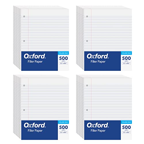 Oxford Füllpapier, 21,6 x 27,9 cm, College-Lineal, 3-fach gelocht, 2.000 Blatt loses Papier für 3 Ringbücher, 4 Packungen mit je 500 Stück, weiß (62331) von Oxford