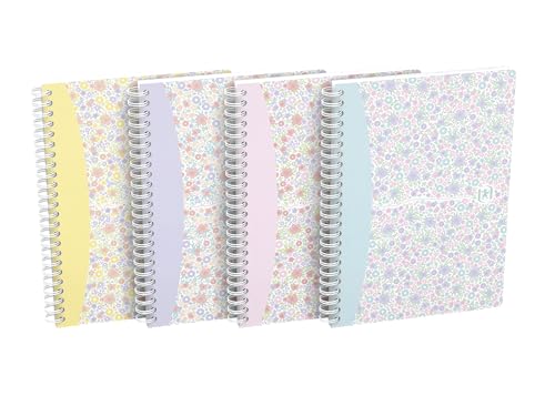 Oxford Spiral Notizbuch A5 Floral kariert, 120 Seiten, Softcover, 4 Designs, 5 Stück von Oxford