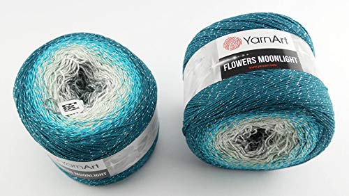 YarnArt Flowers 500 Gramm Bobbel Wolle mit Glitzer und Farbverlauf, 53% Baumwolle, Bobble Strickwolle Mehrfarbig 1000m (Petrol Silber grau 3289) von Oxycute GD