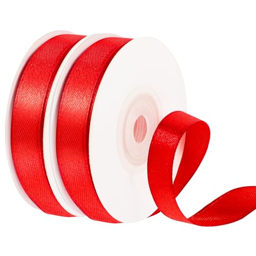 2 Rollen Geschenkband Rot, 1,2 cm x 44 m pro Rolle Satinband Rot Geschenkband Breit Dekoband Schleifenband für Hochzeit Valentinstag Weihnachten Geschenkverpackung Bastelarbeiten von PAEFIU