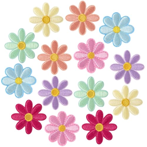 PAGOW 14 Stück Blumen-Aufnäher zum Aufbügeln, niedliche Gänseblümchen-Applikation, zum Aufnähen, bestickte Applikation zum Aufnähen für Taschen, Jacken, Jeans, Kleidung, DIY-Flicken 4 x 4 cm (B x H), von PAGOW