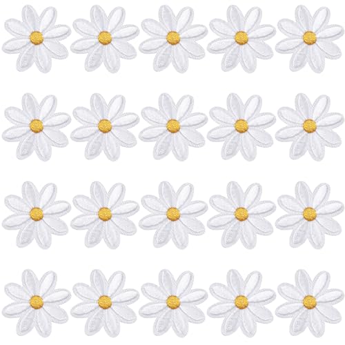 PAGOW 20 Stück Blumen zum Aufbügeln, niedliche Gänseblümchen-Applikation, zum Aufnähen auf bestickte Applikation zum Aufnähen für Taschen, Jacken, Jeans, Kleidung, DIY-Flicken, 3,5 x 3,5 cm (B x H) – von PAGOW