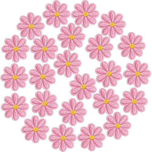 PAGOW 24 Stück Blumen-Aufnäher zum Aufbügeln, niedliche Gänseblümchen-Applikation, bestickte Applikation zum Aufnähen für Taschen, Jacken, Jeans, Kleidung, 4 x 4 cm (B x H), Rosa von PAGOW