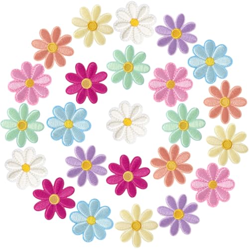 PAGOW 24 Stück Blumen-Aufnäher zum Aufbügeln, niedliche Gänseblümchen-Applikation, bestickte Applikation zum Aufnähen für Taschen, Jacken, Jeans, Kleidung, DIY-Flicken 4 x 4 cm (B x H), 12 helle von PAGOW