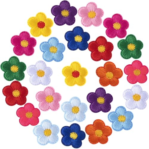 PAGOW 24 Stück Blumen-Aufnäher zum Aufbügeln, niedliche Kirschblüten-Applikation, zum Aufnähen, bestickte Applikation zum Aufnähen für Taschen, Jacken, Jeans, Kleidung, DIY-Flicken, 2,5 x 2,3 cm (B x von PAGOW