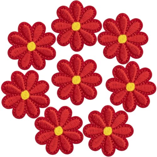 PAGOW 8 Stück Blumen zum Aufbügeln, niedliche Gänseblümchen-Applikation, bestickte Applikation zum Aufnähen für Taschen, Jacken, Jeans, Kleidung, 4 x 4 cm (B x H), Rot von PAGOW