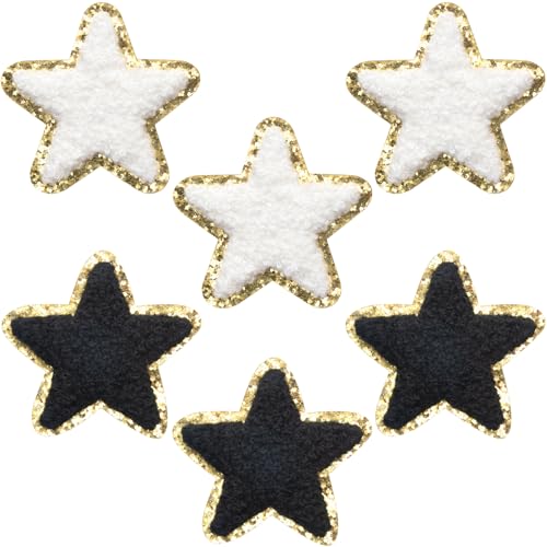 PAGOW Selbstklebende Stern-Aufnäher, Chenille-Patches mit goldfarbenen Pailletten, zum Nähen, bestickte Applikation, Stern-Aufnäher, Aufkleber für Stoff, Kleidung, Hüte, Jacken – Schwarz und Weiß (6 x von PAGOW