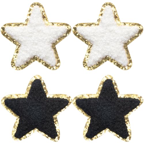 PAGOW Selbstklebende Stern-Aufnäher, Chenille-Patches mit goldfarbenen Pailletten, zum Nähen, bestickte Applikation, Stern-Aufnäher, Aufkleber für Stoff, Kleidung, Hüte, Jacken – Schwarz und Weiß (6 x von PAGOW