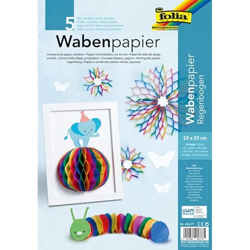 NEU Wabenpapier HoneyComb Regenbogen, 23 x 33 cm, 5 Bogen von PAINT IT EASY