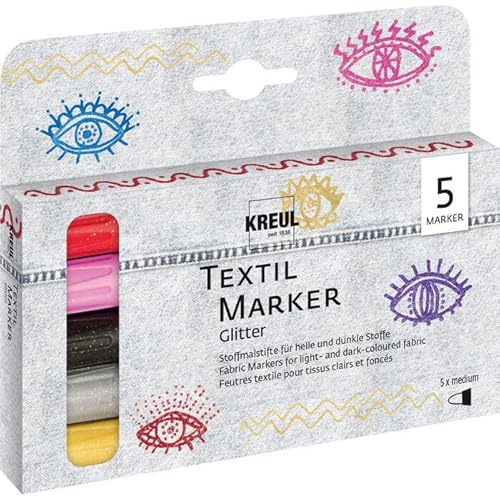 PAINT IT EASY NEU 5er Set Textil Marker/Stoffmalstift, Glitter, Medium, 2-4 mm, Rot, Rosé, Schwarz, Silber, Gold von PAINT IT EASY