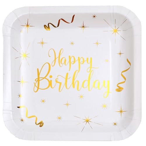 PAINT IT EASY NEU Papp-Teller Happy Birthday weiß-metallic-Gold, 10 Stück, ca. 23 x 23cm von PAINT IT EASY