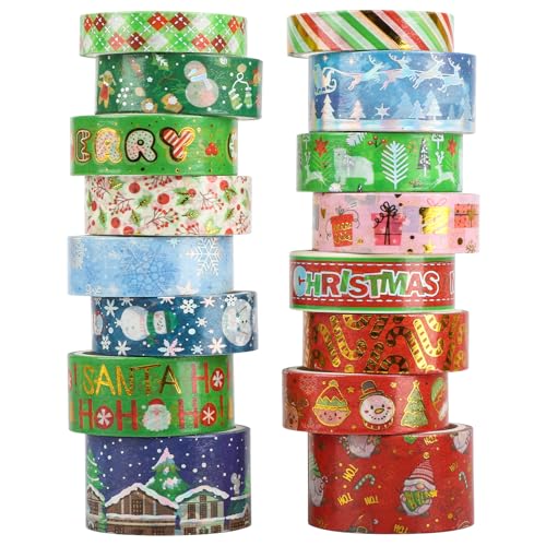 16 Rollen Washi Tape Weihnachten Set, Dekorative Goldfolie Masking Tape Weihnachtssocken Schneeflocken Selbstklebendes Klebeband für Weihnachten Handwerk DIY Scrapbooking Geschenk Dekorationen von PAIVSUN