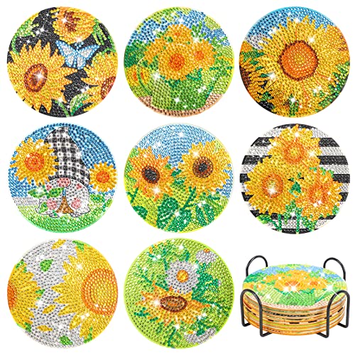 8 Stück Diamond Painting Untersetzer， DIY Sonnenblume Diamond Untersetzer mit Halter，Dekorative Hölzern Untersetzer mit Diamond Painting Kit für Erwachsene Kinder Anfänger von PAIVSUN