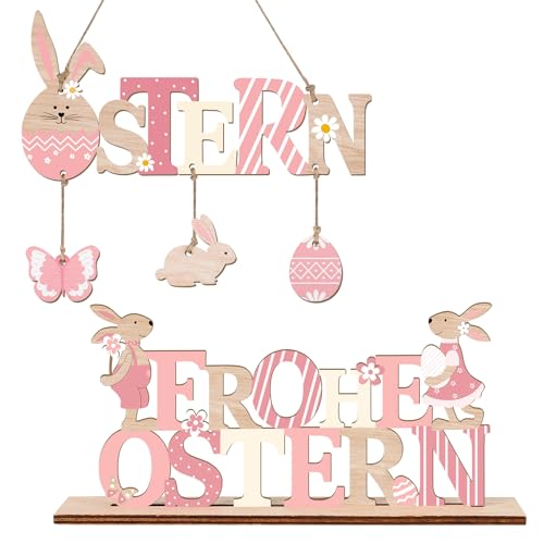 PAIVSUN Ostern Hase Deko,Osterhase Holz Deko Aufsteller mit Schriftzug Ostern für Osterdekoration,Hase Aufsteller für OsterDeko Tischdeko(Rosa) von PAIVSUN