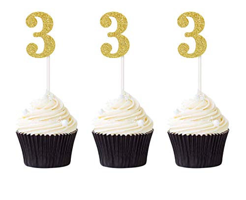 Pack of 24 Number 3 Cupcake Toppers Gold Glitter 3rd Birthday Cupcake Picks Anniversary Party Decor von FYSSHUO