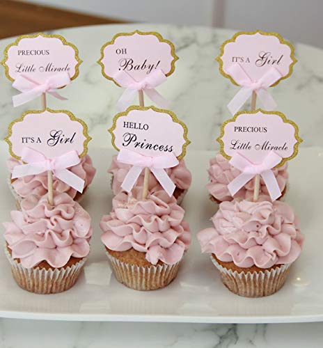 Versainsect Cupcake-Topper für die Dusche, 12 Stück, schimmerndes Baby rosa und goldener Glitzer mit rosa Schleife – It's A Girl, Oh Baby, Precious Little Miracle und Hello Princess – rosa von PALAMEILASWFG