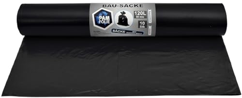 PAM-FOLIE Müllsäcke 120L - 10 Stück - Bausäcke Professional - Dicke, Starke Abfallsäcke - 70x110cm - 50µm - schwarzer Müllbeutel - Bauschuttsäcke - Säcke für Bauschutt von PAM-FOLIE