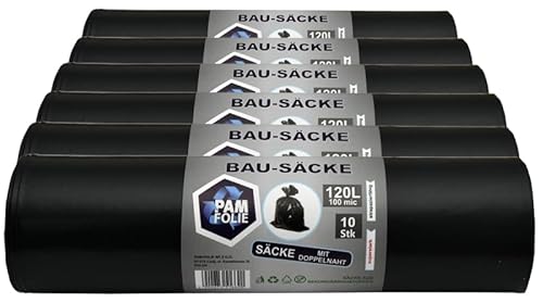 PAM-FOLIE Müllsäcke 120L - 60 Stück - Set - Extra Dicke, Starke Abfallsäcke - Bausäcke - 100µm - 70x110cm - schwarze Müllbeutel - Bauschuttsäcke - Müllsäcke für Schutt, Professional von PAM-FOLIE