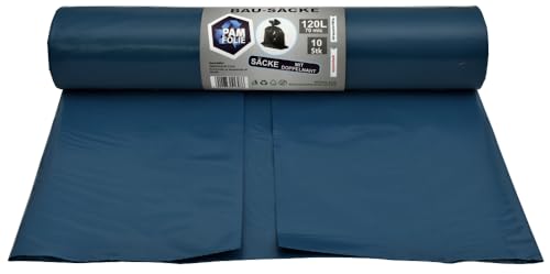 PAM-FOLIE Müllsäcke 120L - Extra Dicke, Starke Abfallsäcke - 10 Stück - 70µm - 70x110cm - Bausäcke - blauer Müllbeutel - Bauschuttsäcke - Müllsäcke für Schutt, Professional von PAM-FOLIE