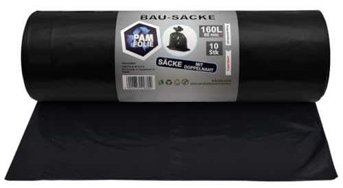 PAM-FOLIE Müllsäcke 160L - 10 Stück - Bausäcke Professional, Dicke Abfallsäcke - 90x110cm - 60µm - Extra Stark - schwarzer Müllbeutel - Bauschuttsäcke - Säcke für Bauschutt von PAM-FOLIE