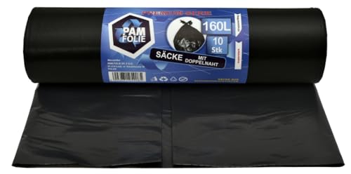 PAM-FOLIE Müllsäcke 160L - 10 Stück - Dicke, Große Abfallsäcke, Premium - 90x110cm - 40µm - schwarzer Müllbeutel - Bauschuttsäcke - Säcke für Bauschutt Abfalls von PAM-FOLIE