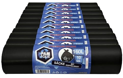 PAM-FOLIE Müllsäcke 160L - 100 Stück - Set - Dicke, Große Abfallsäcke, Premium - 90x110cm - 40µm - schwarzer Müllbeutel - Bauschuttsäcke - Säcke für Bauschutt Abfalls von PAM-FOLIE