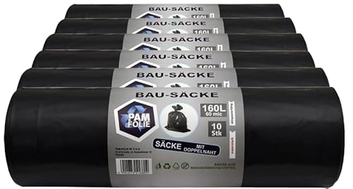 PAM-FOLIE Müllsäcke 160L - 60 Stück - Bausäcke Professional, Dicke Abfallsäcke - Set - 90x110cm - 60µm -Extra Stark - schwarzer Müllbeutel - Bauschuttsäcke - Säcke für Bauschutt von PAM-FOLIE