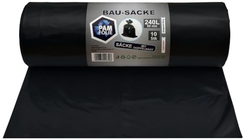 PAM-FOLIE Müllsäcke 240L - 10 Stück - XXL Bausäcke Professional, Große, Dicke Abfallsäcke - 120x130cm - 60µm - Extra Stark - schwarzer Müllbeutel - Bauschuttsäcke - Ideal für 240-Liter-Behälter von PAM-FOLIE