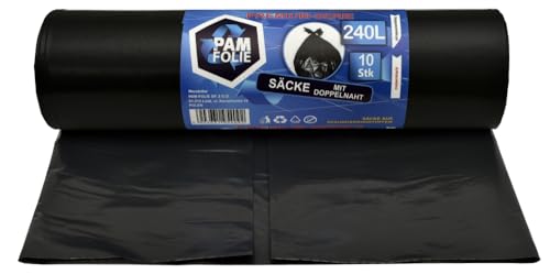 PAM-FOLIE Müllsäcke 240L - 10 Stück - Dicke, Große Abfallsäcke, Premium - 120x130cm - 45µm - schwarzer Müllbeutel - Bauschuttsäcke - Säcke für Bauschutt Abfalls von PAM-FOLIE