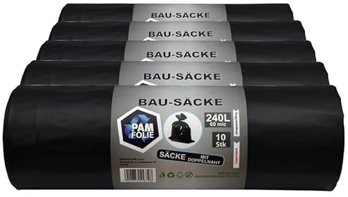 PAM-FOLIE Müllsäcke 240L - 50 Stück - Set, XXL Bausäcke Professional, Große, Dicke Abfallsäcke - 120x130cm - 60µm - Extra Stark - schwarzer Müllbeutel - Bauschuttsäcke - Ideal für 240-Liter-Behälter von PAM-FOLIE