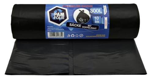 PAM-FOLIE Müllsäcke 300L - 10 Stück - XXL Große Bauschutt-Abfallsäcke, Premium - 120x140cm - 45µm - schwarzer Müllbeutel - Bauschuttsäcke - Säcke für Bauschutt Abfalls, Styropor von PAM-FOLIE