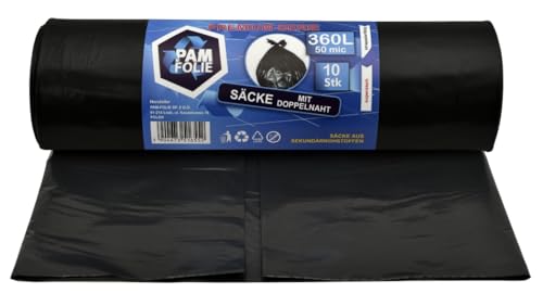 PAM-FOLIE Müllsäcke 360L - 10 Stück - XXL Große, Extra Stark, Dicke Abfallsäcke, Premium - 120x150cm - 50µm - schwarzer Müllbeutel - Bauschuttsäcke -Säcke für Bauschutt Abfalls, Styropor von PAM-FOLIE