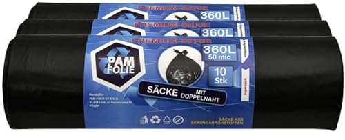 PAM-FOLIE Müllsäcke 360L - 30 Stück - Set - XXL Große, Extra Stark, Dicke Abfallsäcke, Premium - 120x150cm - 50µm - schwarzer Müllbeutel - Bauschuttsäcke -Säcke für Bauschutt Abfalls, Styropor von PAM-FOLIE