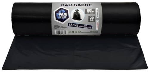 PAM-FOLIE Müllsäcke 60L - 20 Stück - Bausäcke Professional - Extra Dicke Abfallsäcke - 60x70cm - 70µm - Starke, schwarze Müllbeutel - Bauschuttsäcke - Säcke für Bauschutt Abfalls von PAM-FOLIE