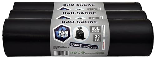 PAM-FOLIE Müllsäcke 60L - 60 Stück - Set - Bausäcke Professional - Extra Dicke Abfallsäcke - 60x70cm - 70µm - Starke, schwarze Müllbeutel - Bauschuttsäcke - Säcke für Bauschutt Abfalls von PAM-FOLIE