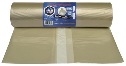 PAM-FOLIE Müllsäcke 840L - 10 Stück - XXL Große Bauschutt-Abfallsäcke, Premium - 130x170cm - 40µm - transparenter Müllbeutel - Bauschuttsäcke - Robuste Säcke für Styropor, Industrie von PAM-FOLIE