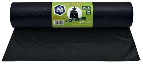 PAM-FOLIE Universal-Müllsäcke 240L - 10 Stück - XXL Große, Starke, Dicke Abfallsäcke, Basic - 120x130cm - 35µm - schwarzer Müllbeutel - Mülltüten - Ideale Säcke für 240-Liter-Behälter von PAM-FOLIE