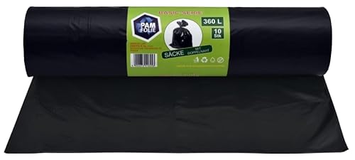 PAM-FOLIE Universal-Müllsäcke 360L - 10 Stück - XXL Große, Starke, Dicke Abfallsäcke, Basic - 120x150cm - 35µm - schwarzer Müllbeutel - robuste Mülltüten - Regranulatfolie von PAM-FOLIE