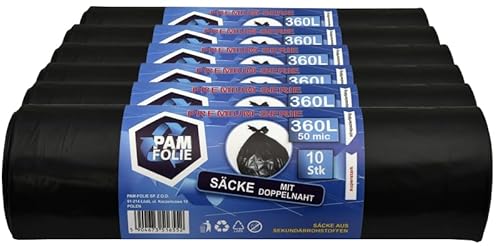 PAM-FOLIE Müllsäcke 360L - 60 Stück - Set - XXL Extra Große, Starke, Dicke Abfallsäcke, Premium- 120x150cm - 50µm - schwarzer Müllbeutel - Bauschuttsäcke - Säcke für Bauschutt Abfalls von PAM-FOLIE