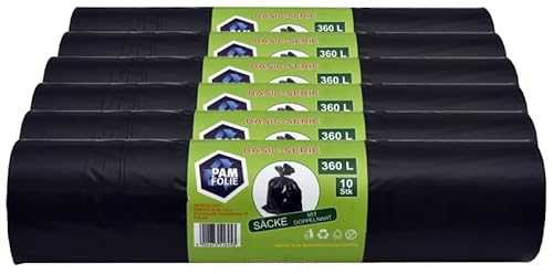 PAM-FOLIE Universal-Müllsäcke 360L - 60 Stück - Set - XXL Große, Starke, Dicke Abfallsäcke, Basic - 120x150cm - 35µm - schwarzer Müllbeutel - robuste Mülltüten - Regranulatfolie von PAM-FOLIE