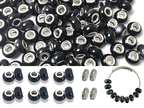 Europäische Perlen mit großem Loch zur Schmuckherstellung, 14 mm, Abstandshalter für Stifte, Rondelle-Perlen für Armreifen, Armbänder, Halsketten, Schlüsselanhänger und DIY-Projekte (Schwarz 004) von PAMIR TONG