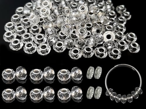 Weiße facettierte europäische Perlen mit großem Loch für Schmuckherstellung, 110 Stück, 14 mm, Perlen, Abstandshalter für Stifte, Rondelle Slide-Charm-Perlen für Armreifen, Halsketten, von PAMIR TONG