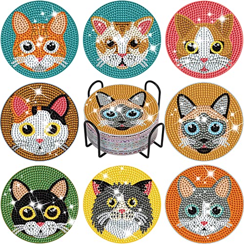 8 Stück Diamond Painting Untersetzer,DIY Diamant-Kunst Untersetzer mit Halter, Runde Diamant Malerei Untersetzer,Diamant-Malsets für Erwachsene Kinder Anfänger(Katze) von pampas