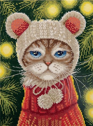 PANNA – Kreuzstich-Set mit Zahlenangaben – Festive Mood Cat – PR-7263 – Vorsortiertes Garn – Kreuzstichmuster – Basteln für Erwachsene – Aida – 16 x 21 cm von PANNA